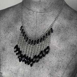 Necklace collar costume jewelry silver tone and black faux jewels chain link